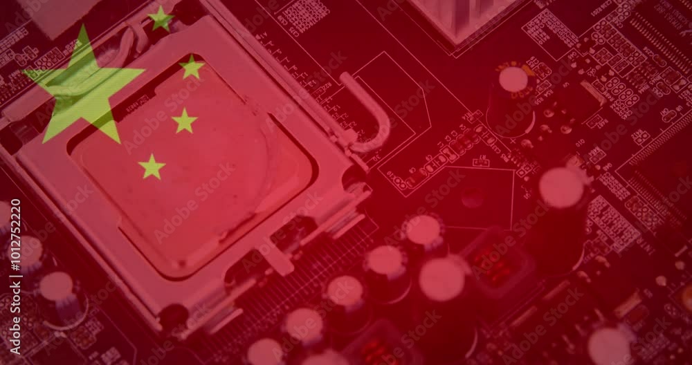 Poster animation of computer circuit board with data processing and flag of china