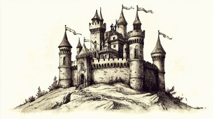 Fototapeta premium Intricate illustration of a medieval castle on a rocky hill