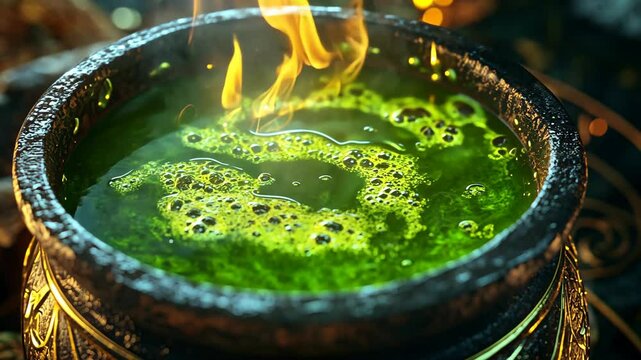 A bubbling green potion simmers over an open fire in a large cauldron