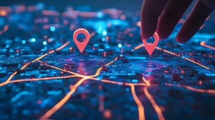 A digital hand places two pins on a map, illustrating AI in GPS technology, innovation in delivery, and future transport logistics, emphasizing accuracy and efficiency in route path and map location