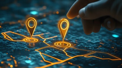 A digital hand places two pins on a map, illustrating AI in GPS technology, innovation in delivery, and future transport logistics, emphasizing accuracy and efficiency in route path and map location