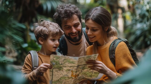 A family explores nature together, examining a map while enjoying their outdoor adventure in a lush forest.