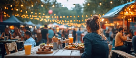 A vibrant outdoor dining scene, featuring a woman enjoying food at a lively market with string lights and festive atmosphere.