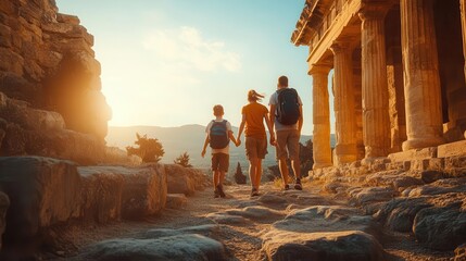 Family explores ancient ruins during sunset, enjoying a beautiful day in a historic location, creating lasting memories together.