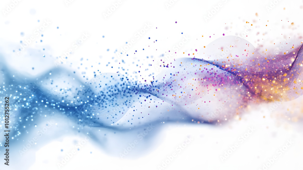 Poster sound waves of bright particles and music motion visuals, abstract waves of glowing particles.white 