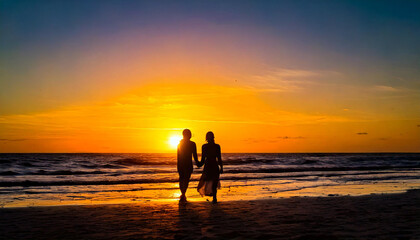 Silhouette of a female couple walking on the beach at sunset