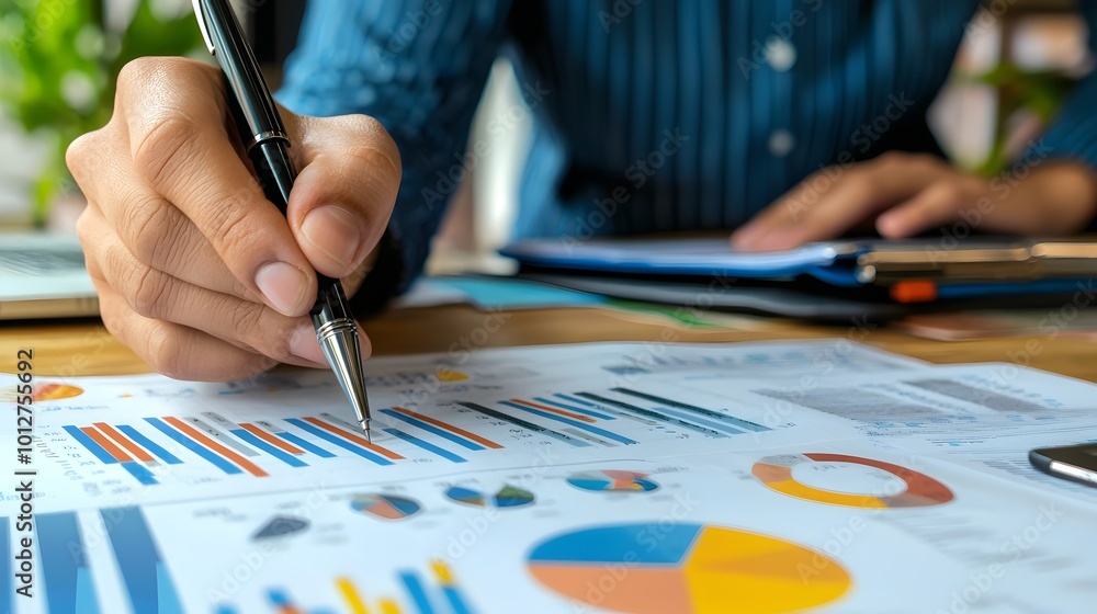 Poster business analyst working on data charts and graphs