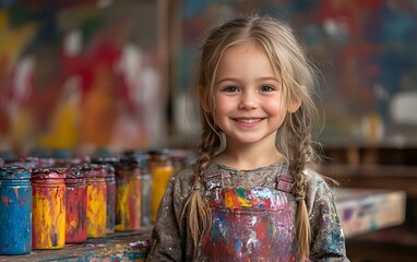 a child smiling in front of a group of bottles

