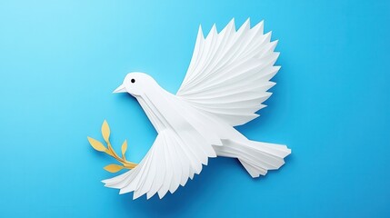 Fototapeta premium A paper dove with wings spread wide, holding an olive branch, against a bright blue background.