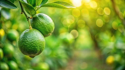 Fresh green lime hanging on tree in farm with selective focus technique panoramic