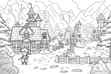 A whimsical black-and-white illustration of a charming village with detailed houses and a playful child exploring the scenic surroundings.