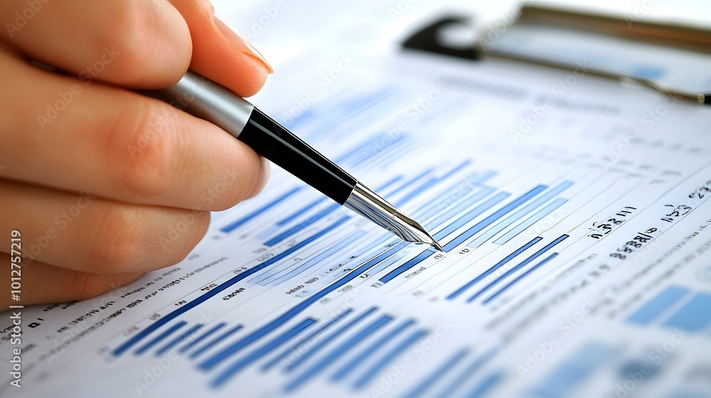 Poster close up of hand analyzing business charts and graphs