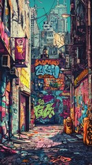 Graffiti-covered alley with urban art and vibrant colors in a cityscape environment