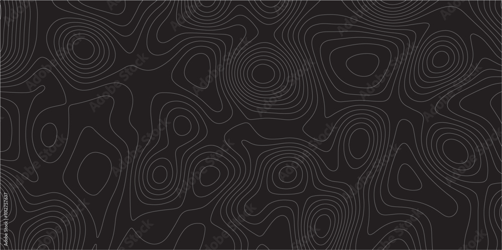 Poster Abstract white on black background Topographic line map pattern. Contour elevation topographic and textured Background Modern design with black background with topographic wavy patted.	