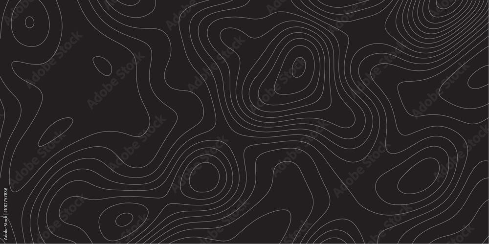 Poster Abstract white on black background Topographic line map pattern. Contour elevation topographic and textured Background Modern design with black background with topographic wavy patted.	