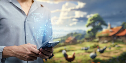 An icon symbol representing farming and animal husbandry, featuring a barn, crops, and livestock such as a cow or sheep, illustrating agricultural practices and livestock management