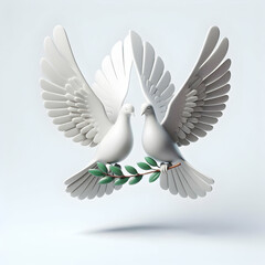 Obraz premium 3D Two floating doves with olive branches isolated and representing peace for Human Rights Day concept as A pair of floating doves holding olive branches isolated on a white background symbolizing pea