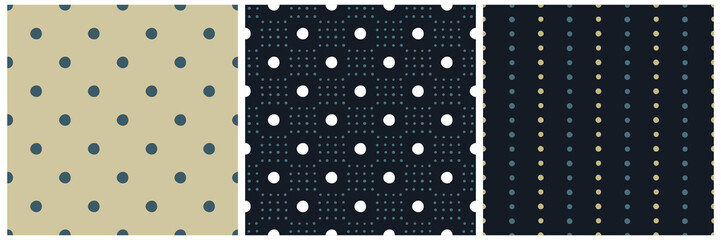 Dots pattern set colorful seamless backgrounds. Elegance design for any projects. Minimalist concept fabric, textile accessories, wallpaper, wrap, packaging, stationery. Vector graphic illustration.