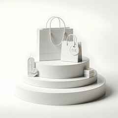 3D Minimalist Podium with Shopping Bag and Sale Tag - Sleek Design for Retail Promotions Isolated on White Background with Ample Copy Space