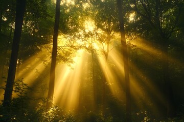 Obraz premium Sunlight beams filtering through a dense forest.