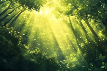 Obraz premium Lush forest illuminated by sunlight, creating a serene atmosphere.