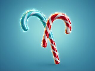 abstract glow christmas Candy cane Christmas concept with glowing low poly candy on light blue background