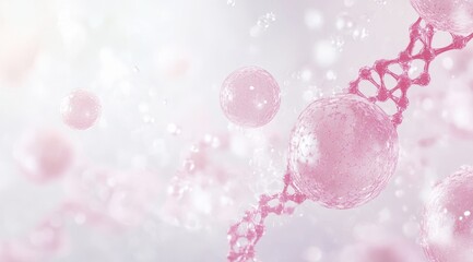 Fototapeta premium Pink spheres with DNA structures floating on top of skin cells against a white background. The camera zooms in to showcase the small size and intricate details