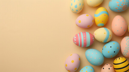 Fototapeta premium Easter eggs background with copy space for text. Beige color background.