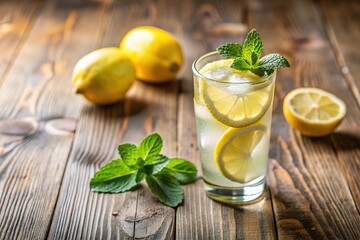 Fototapeta premium Fresh lemonade in glass with mint and ice on wooden table from low angle view