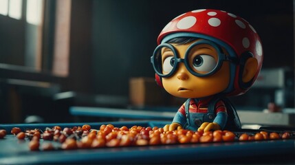 A caring cartoon character volunteers to help younger children in the community fostering kindness