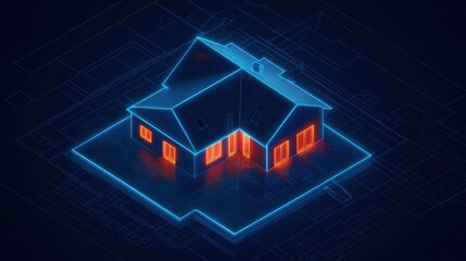 A digital representation of a house, illuminated in blue and orange, set against a dark background, resembling a 3D rendering or hologram.