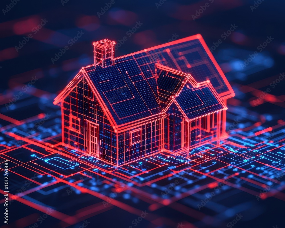 Poster a digital representation of a house, showcasing a network of lines and points, symbolizing modern ar
