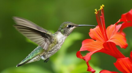 Hummingbird Feeding on a Red Flower