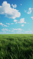 Fototapeta premium Lush green grass under a bright blue sky with fluffy clouds.