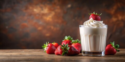 Fresh milk with strawberries and whipped cream on brown background