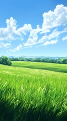 Lush green landscape under a bright blue sky with clouds.