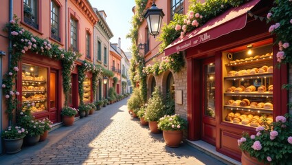Fototapeta premium Charming European Street with Bakery and Flowers