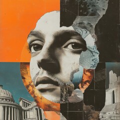 Abstract Collage Art with Human Face  Geometric Shapes  and Vintage Textures