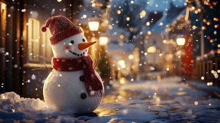 Obraz premium Cheerful Snowman in the Evening Glow - Winter Scene with Falling Snow and Festive Streetlights