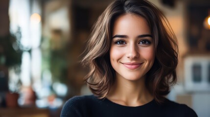 Fototapeta premium Smiling Woman in Cozy Cafe Setting