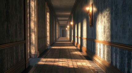Long and Empty Hallway in an Old Mansion