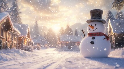 Obraz premium Cheerful Snowman in Top Hat Enjoying Snowfall in Bright Afternoon Village
