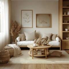 Cozy Living Room Interior Design with Neutral Colors and Natural Textures