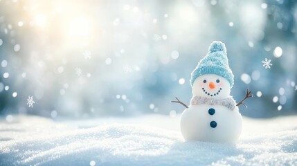Fototapeta premium Cheerful Snowman in a Glittering Winter Wonderland with Falling Snowflakes