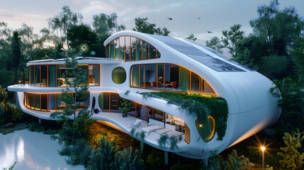 Fototapeta premium A futuristic home equipped with energy-efficient appliances, solar panels, and smart technology, showcasing how individuals can reduce their carbon footprint while enjoying modern comforts