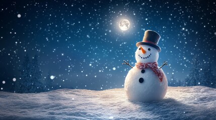 Obraz premium Charming Snowman under Starry Night Sky with Snowfall and Bright Moon