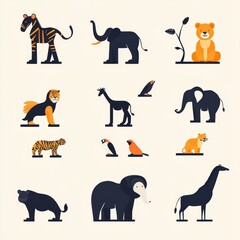 Obraz premium Cute Safari Animal Illustration Set Flat Design Icons for Wildlife Nature and Zoo Them