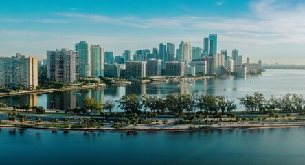 Rickenbacker Causeway and buildings along the waterfront of downtown Miami, Florida, United States.