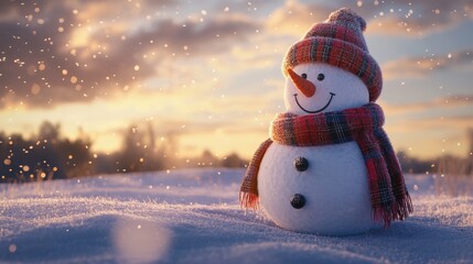 Fototapeta premium Serene Snowman in Golden Hour Snowfall with Plaid Scarf and Woolen Hat in Snowy Field