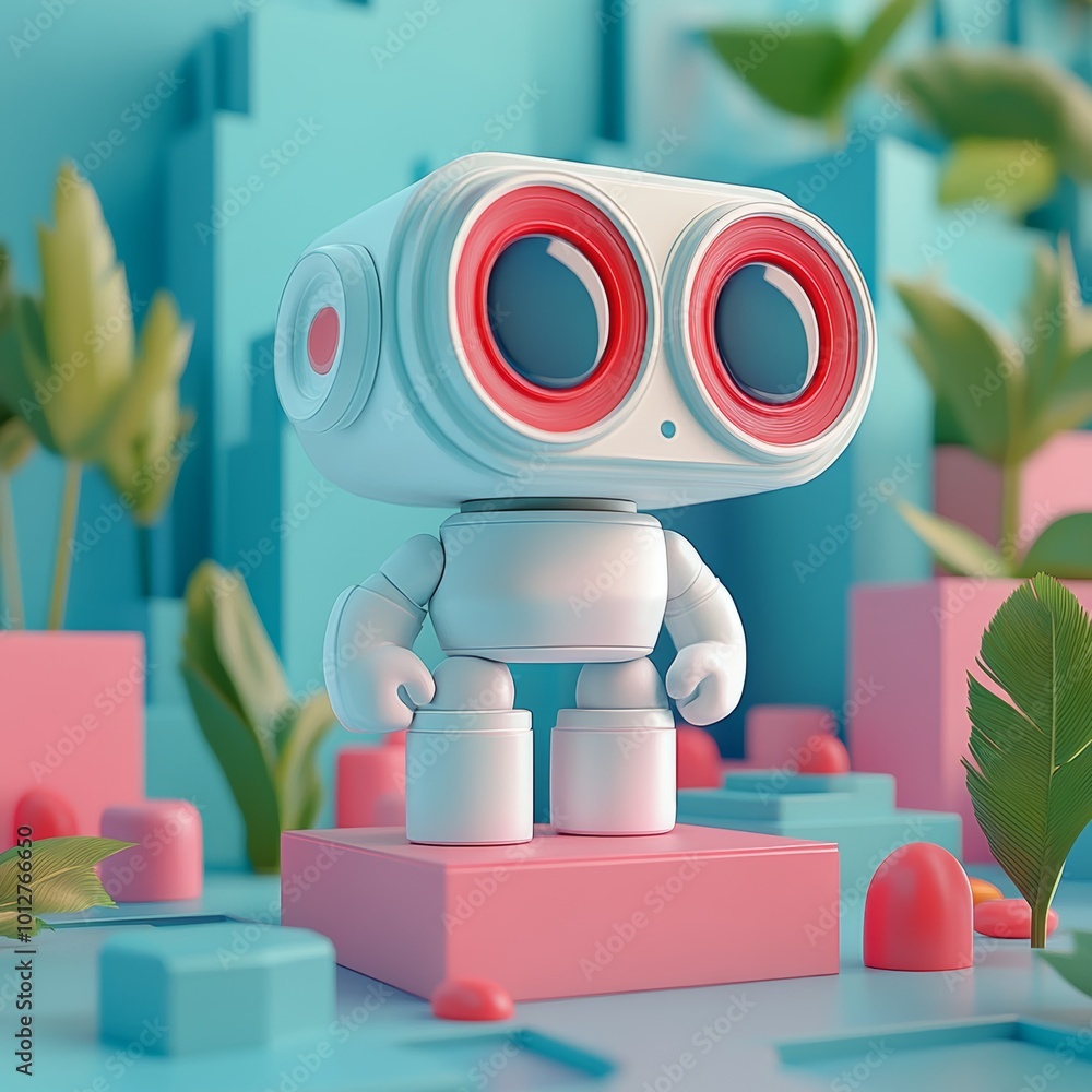 Poster cute white robot character 3d render with colorful background